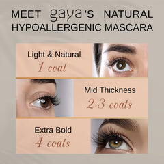 Gaya Cosmetics curved wand demonstrates buildable volume for lifted lashes.
