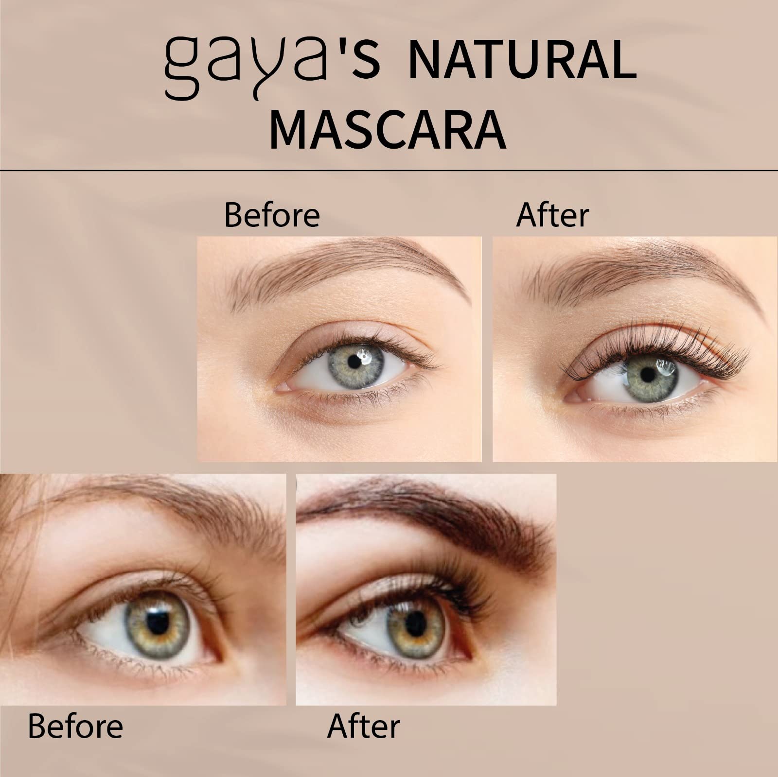 Gaya Cosmetics mascara on lashes provides length and separation without clumping.