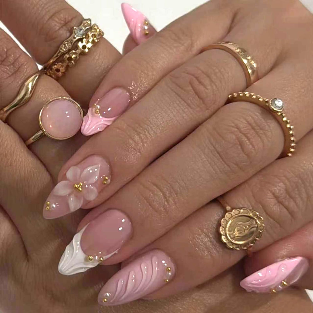 GCSQW medium almond press-on nails with 3D flower design