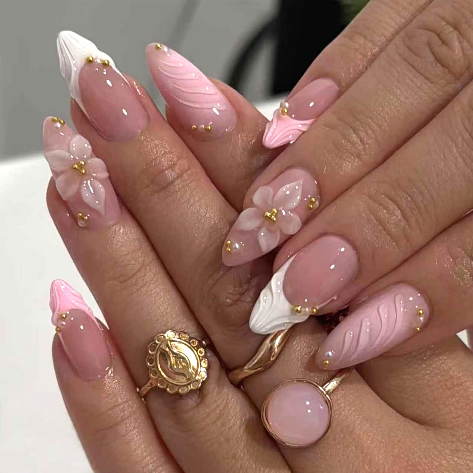 GCSQW pink French tip press-on nails with almond shape for chic manicure