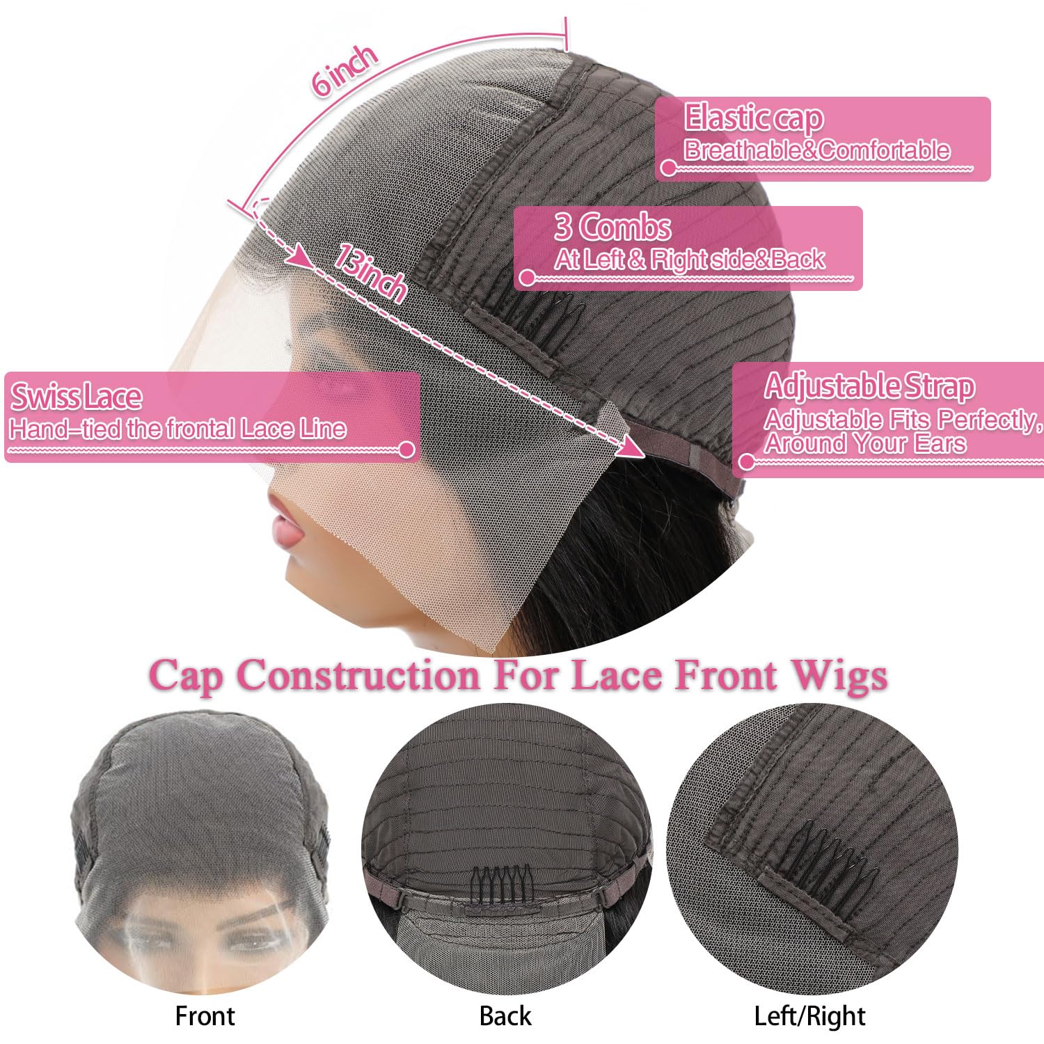 Gearina glueless cap with three combs and adjustable straps for secure fit