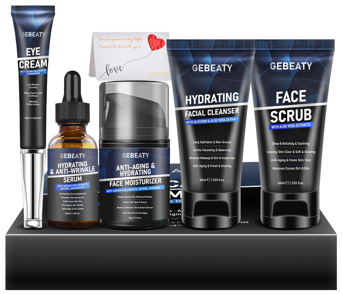 GEBEATY water-based cleanser in the men’s skin care kit for deep gentle cleansing.