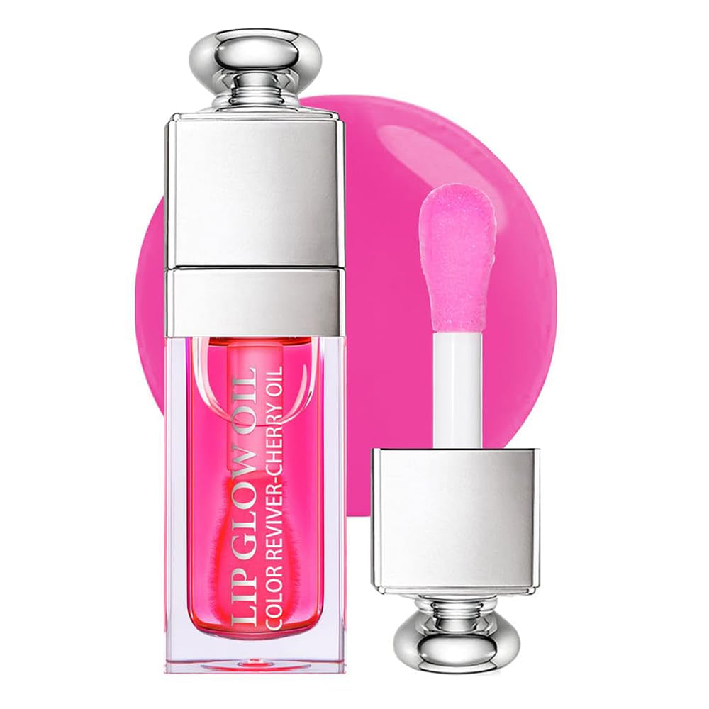 GECOMO Hydrating Lip Glow Oil Raspberry bottle showing glossy moisture and shine on lips.