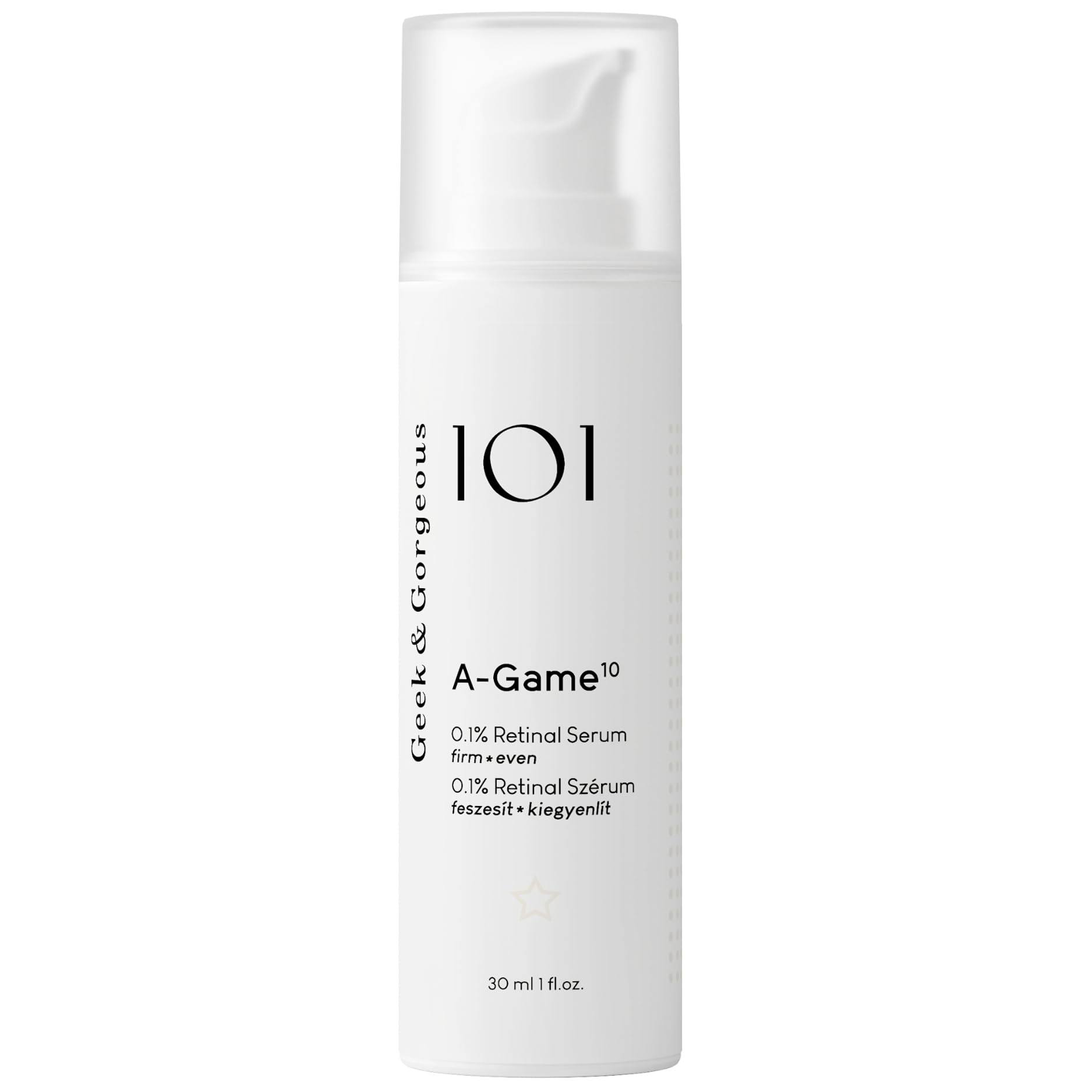 Geek & Gorgeous A-Game retinal serum bottle with silky texture for smoother skin.