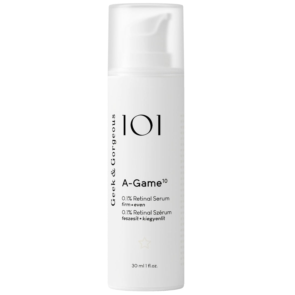 Geek & Gorgeous A-Game retinal serum bottle with silky texture for smoother skin.
