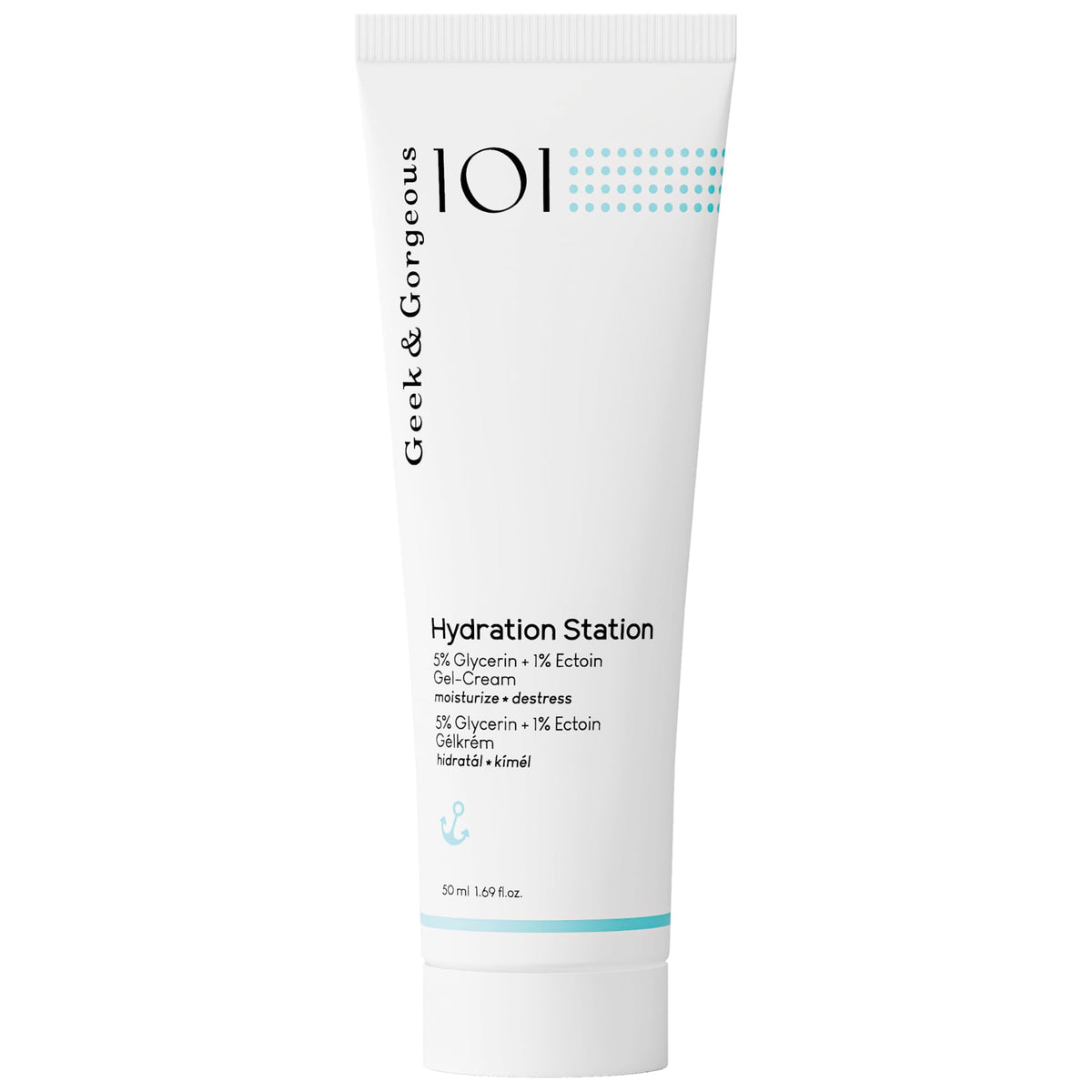 Geek & Gorgeous Hydration Station front view, lightweight gel cream for refreshed, dewy skin