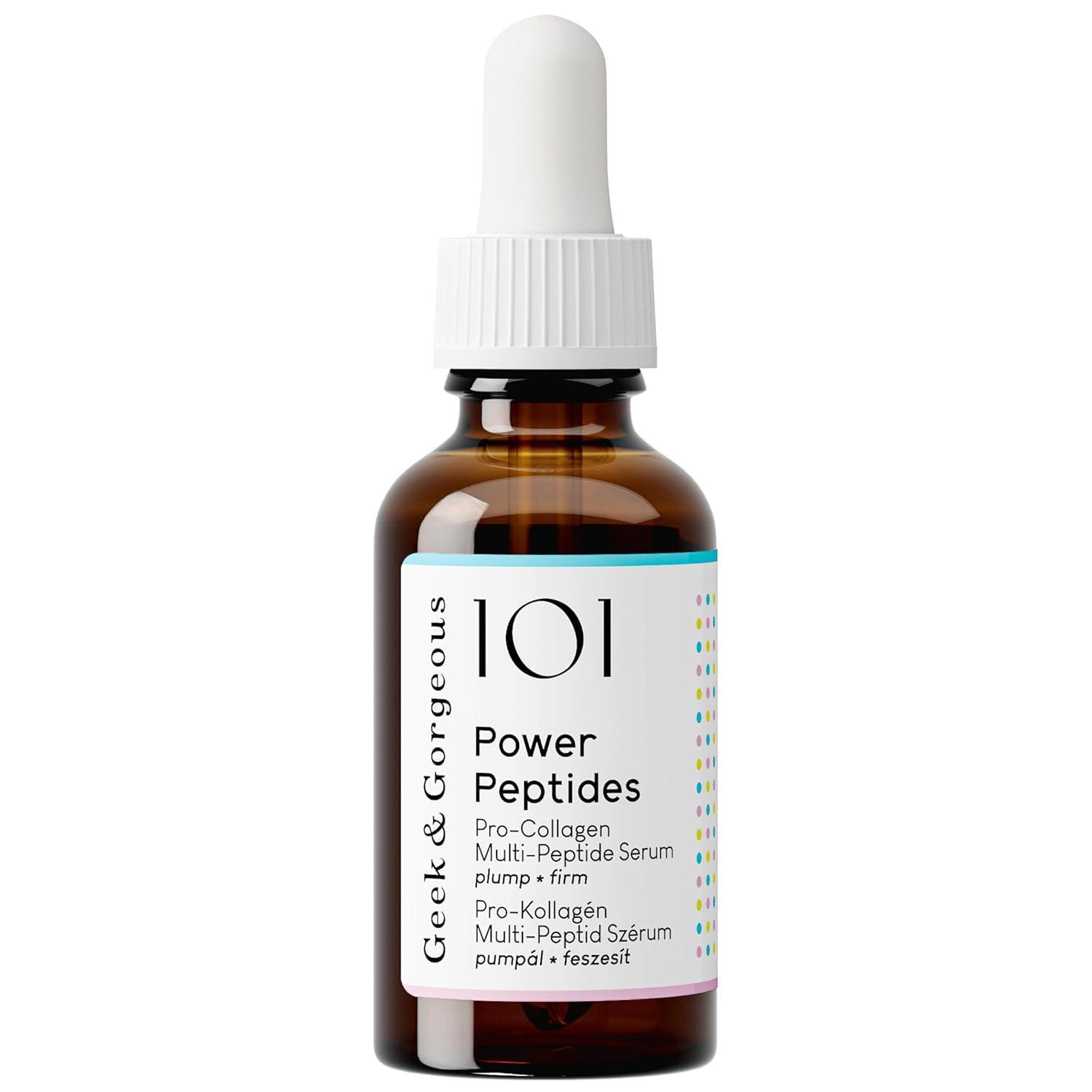 Geek and Gorgeous Power Peptides Serum bottle on a clean vanity, signaling firmer, smoother skin.