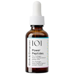 Geek and Gorgeous Power Peptides Serum bottle on a clean vanity, signaling firmer, smoother skin.