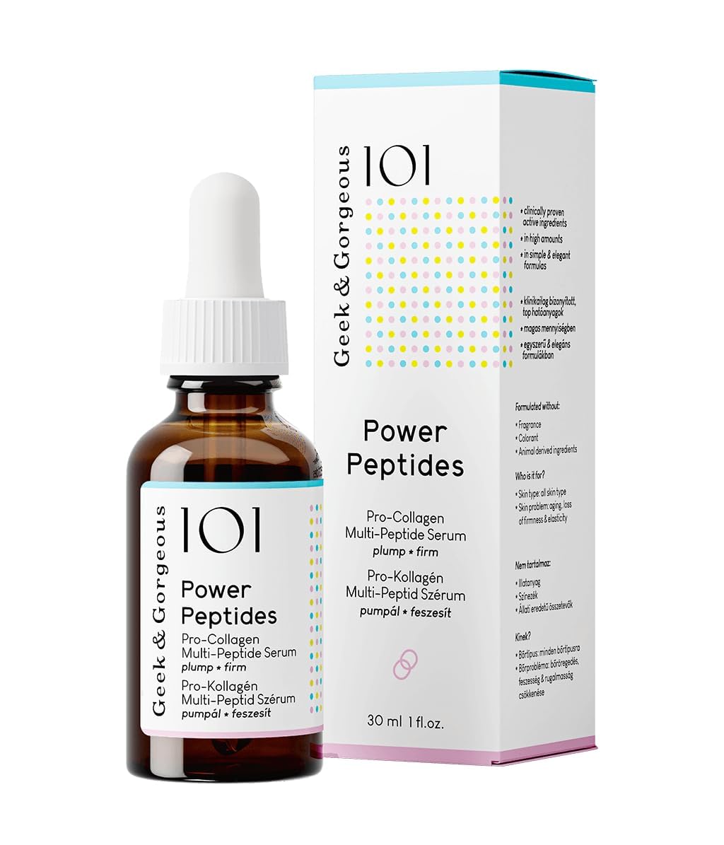 Geek and Gorgeous Power Peptides Serum dispensed into the palm, revealing a milky, fast-absorbing texture.