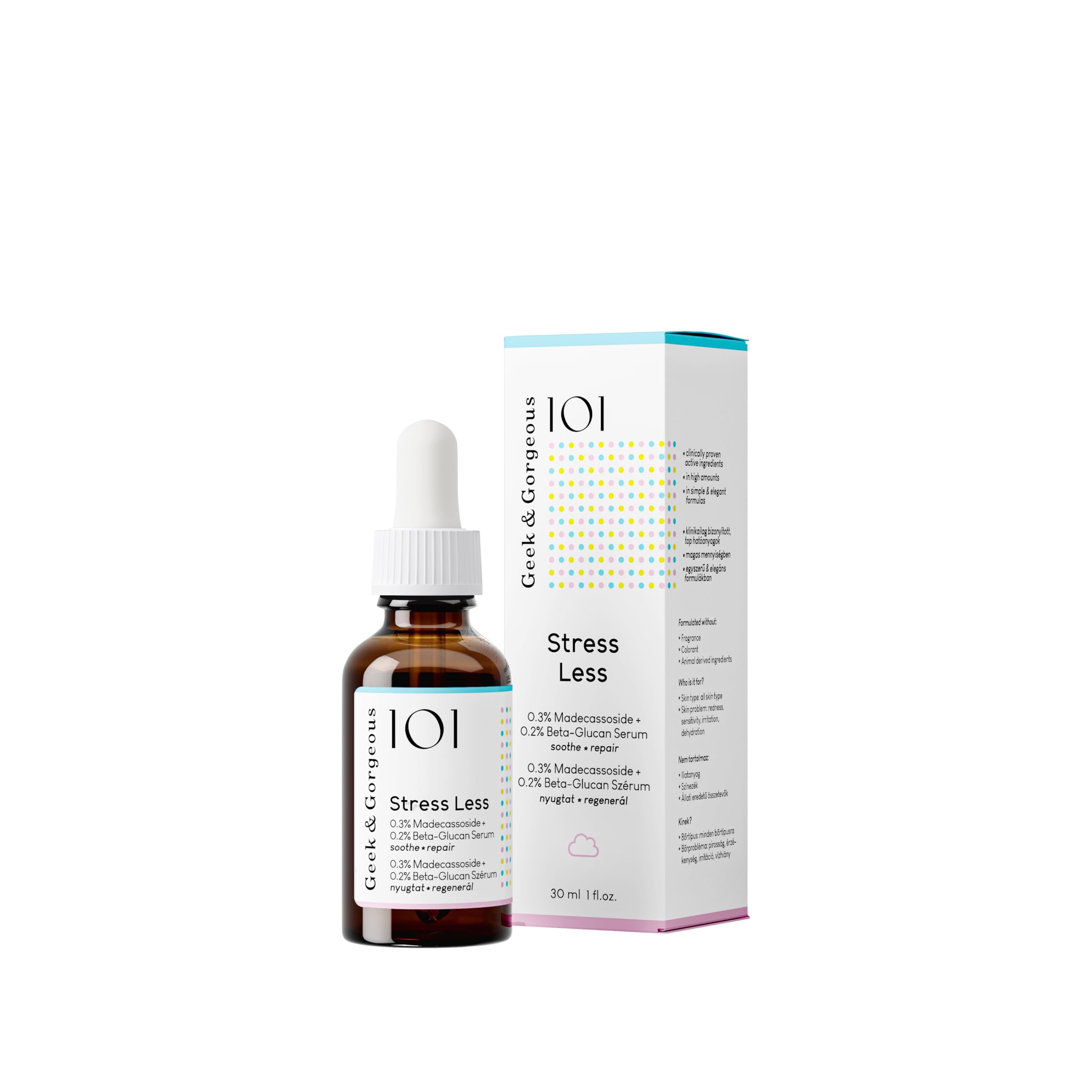 Geek & Gorgeous Stress Less bottle front with lightweight gel for calming skin