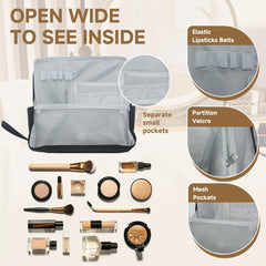 Geelraqaly makeup bag with multi layer organization and secure brush elastic