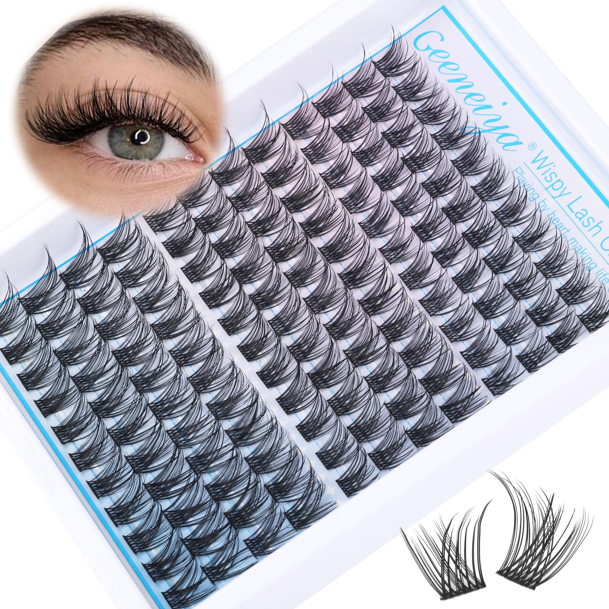 Geeneiya 154pcs lash clusters kit illustrating DIY lash styling variety.
