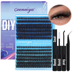 Geeneiya 80D+100D lash clusters kit for voluminous at-home extensions.