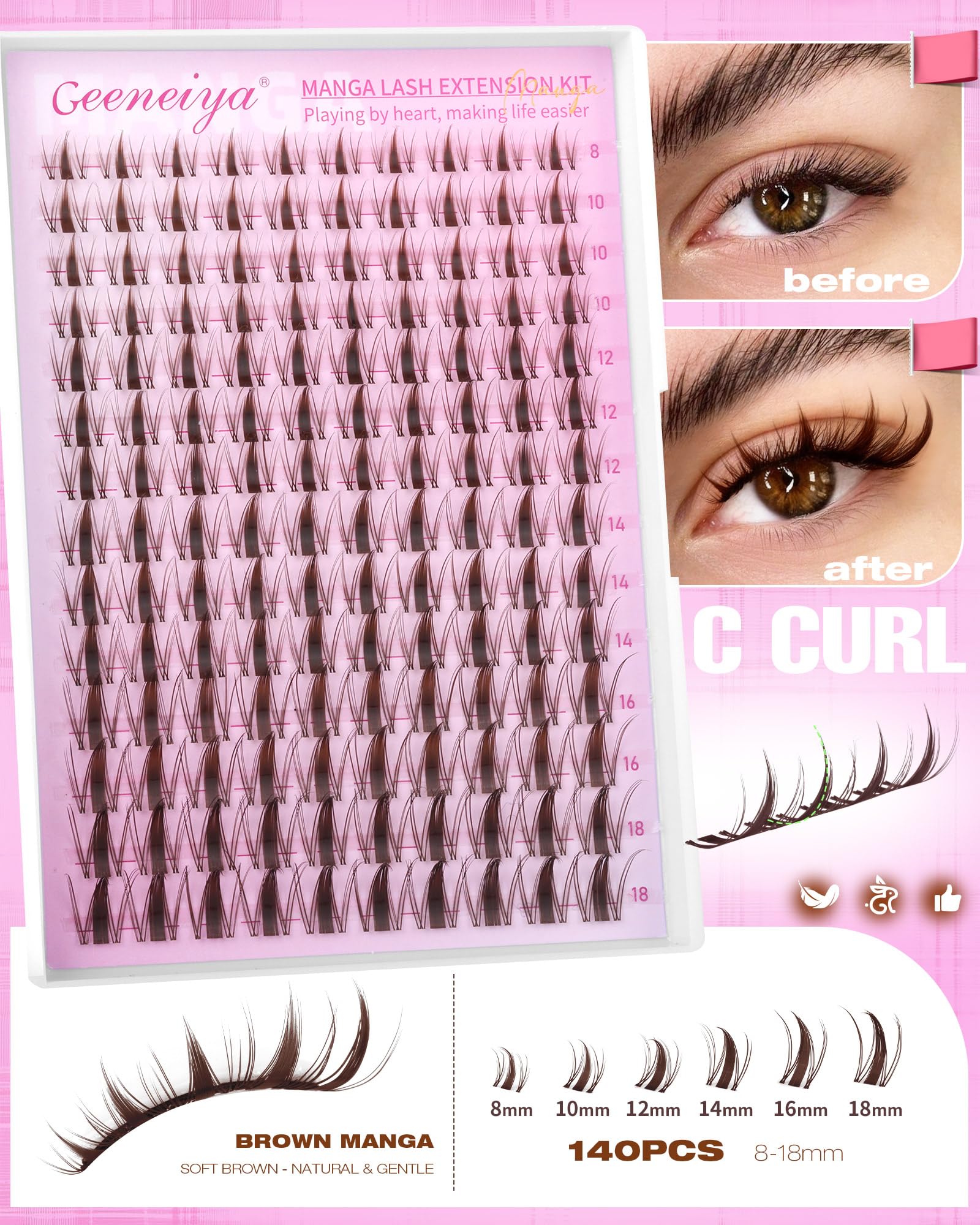 Geeneiya Brown Manga Lashes Lengths 8-18mm enable customizable lash drama.