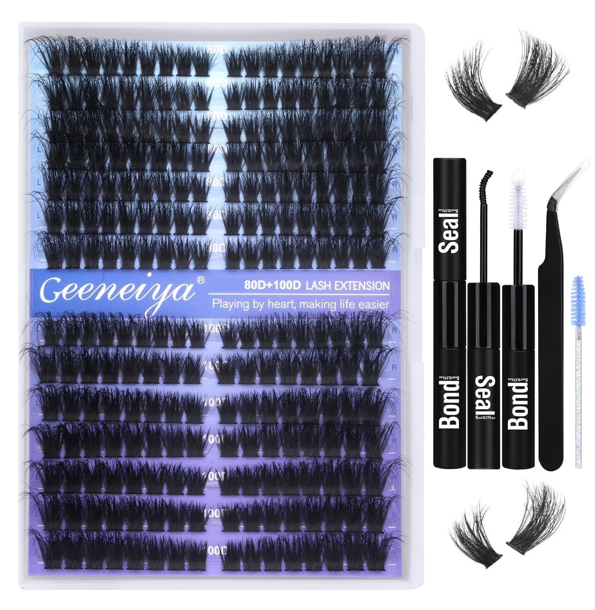 Geeneiya cat-eye lash kit with cluster lashes 9-16mm for a natural, dramatic look.