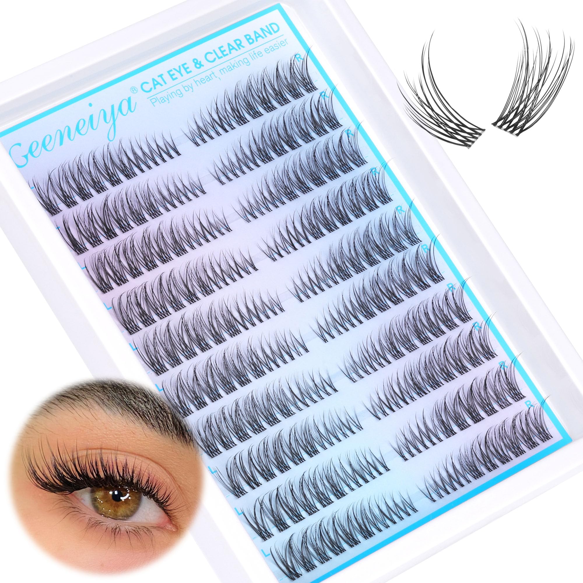 Geeneiya clear-band lash clusters create a wispy cat-eye look with light comfort for daily wear