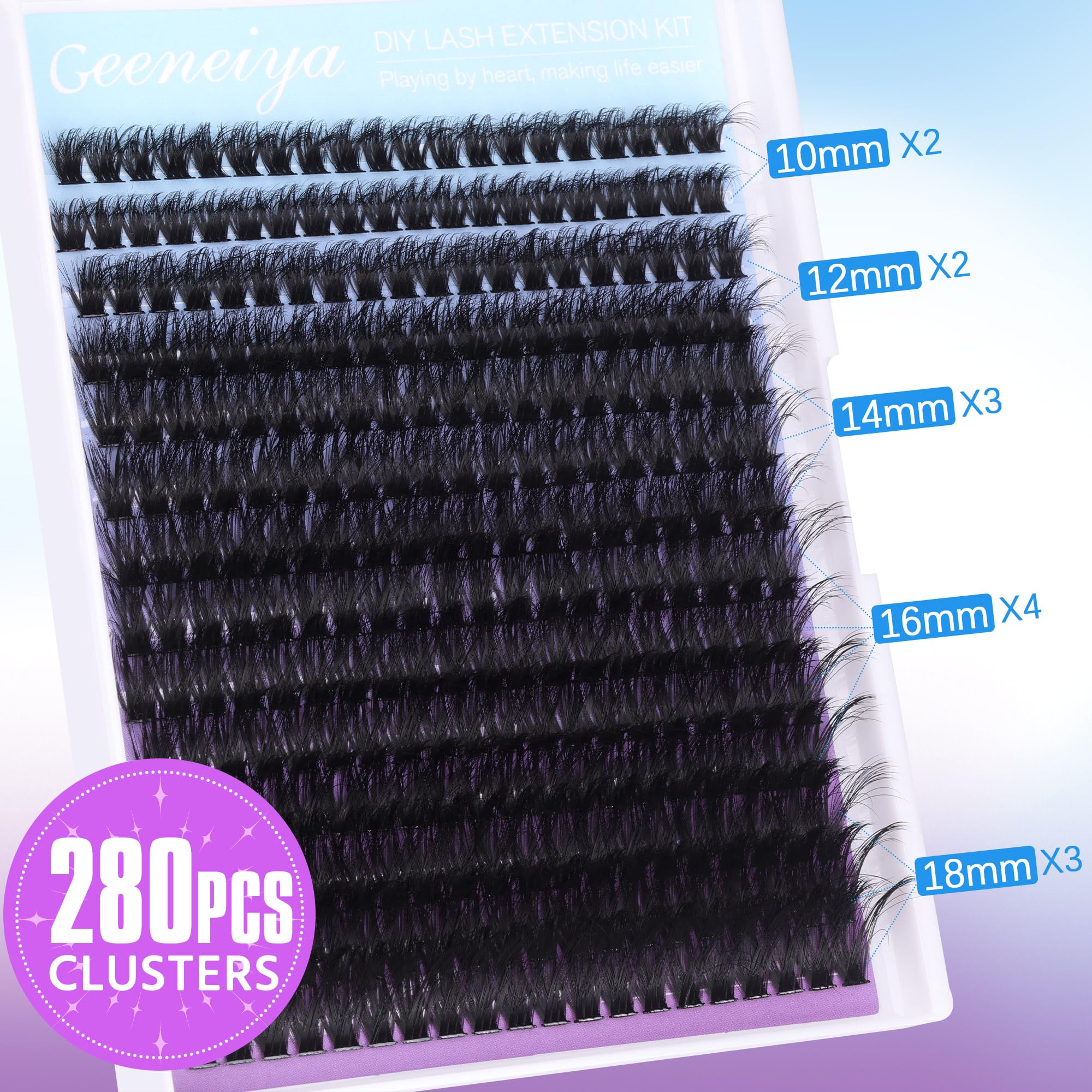 Geeneiya D-curl cluster lashes 10–18mm for denser, salon-like look.
