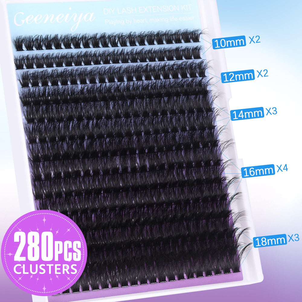 Geeneiya D-curl cluster lashes 10–18mm for denser, salon-like look.