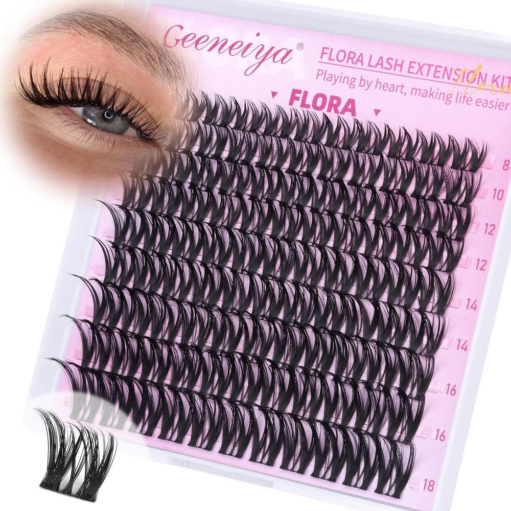Geeneiya Flora lash clusters close-up showing featherweight D-curvature for natural lift.