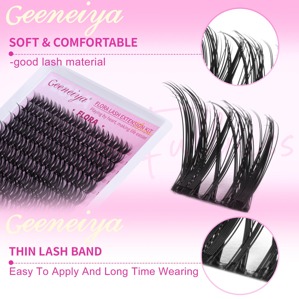 Hand applying Geeneiya Flora lash clusters for easy DIY results.