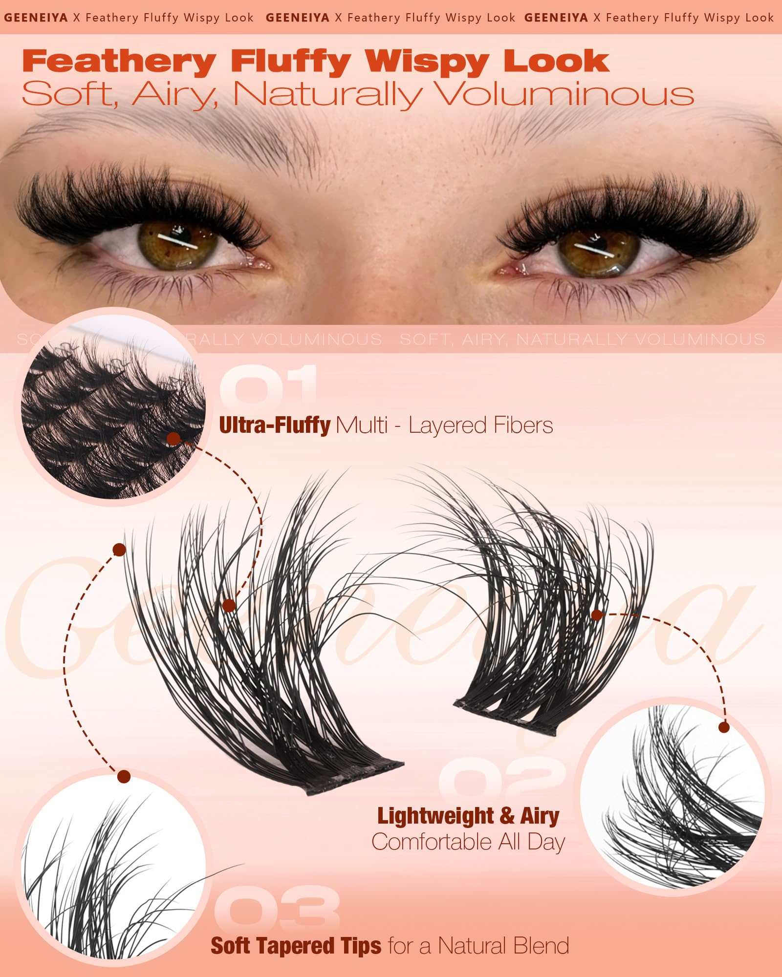 Geeneiya Fluffy Lash Clusters 16mm dramatic cat-eye look with lightweight comfort.