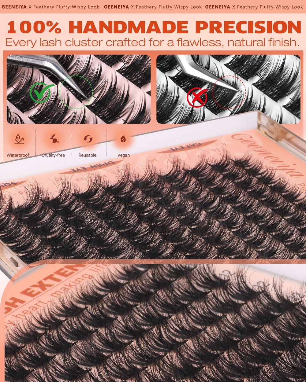 Geeneiya Fluffy Lash Clusters waterproof design keeps lashes secure all day.