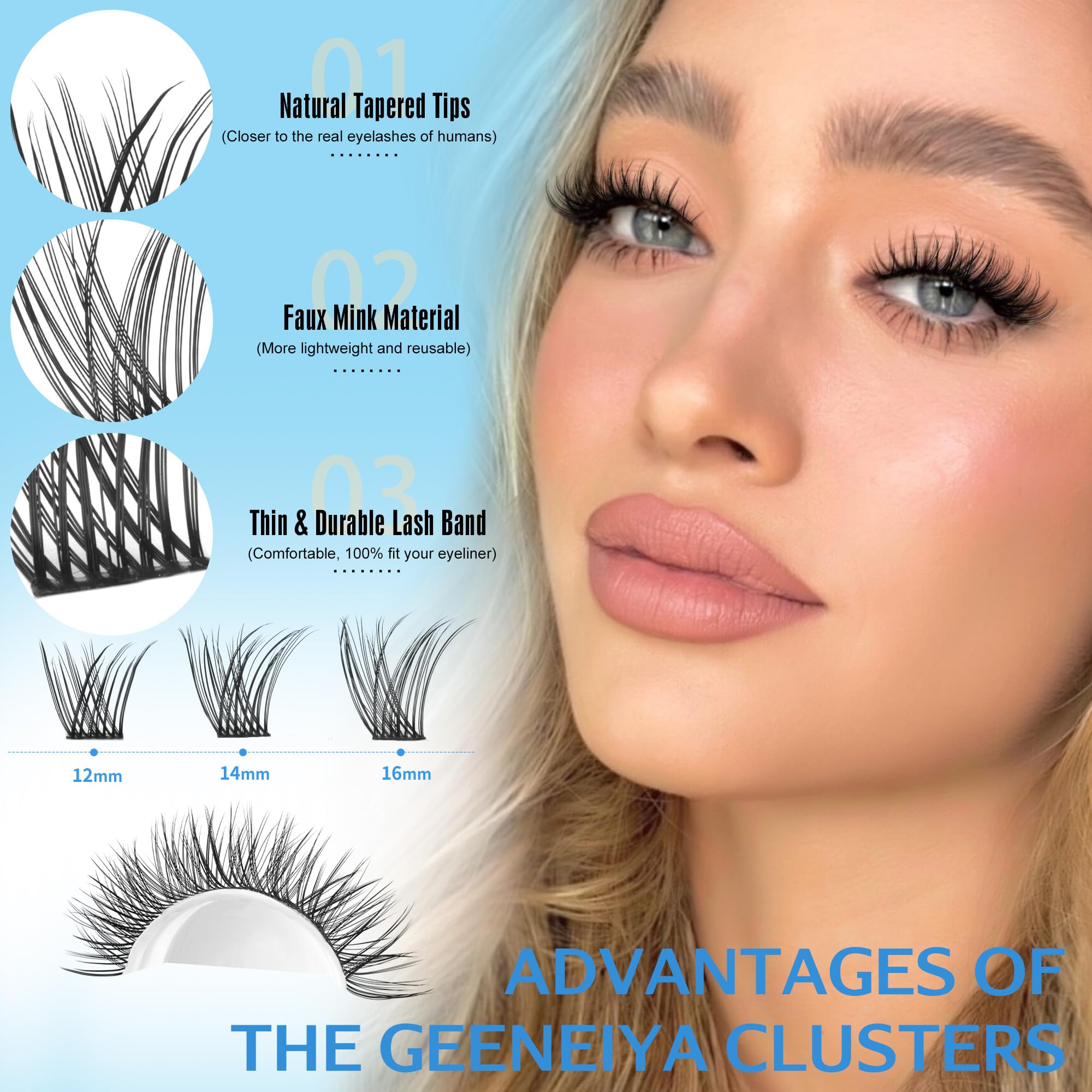 Geeneiya lash clusters showing 12-14-16mm length options for versatile styling.