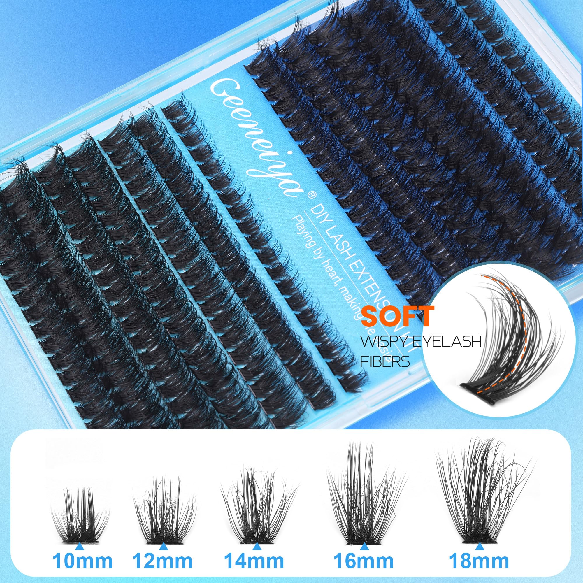 Geeneiya lash clusters with 10–18 mm lengths for versatile looks.
