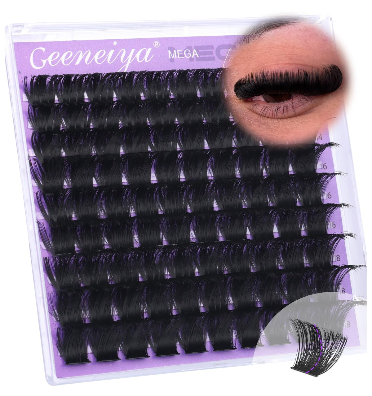 Geeneiya Mega Lash Clusters with a wide-band design for dramatic volume and faster application.