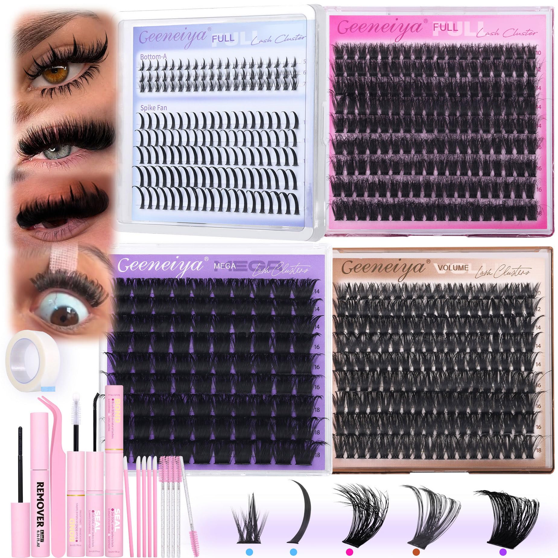 Geeneiya Mega Lashes clusters for instant dramatic volume at home.