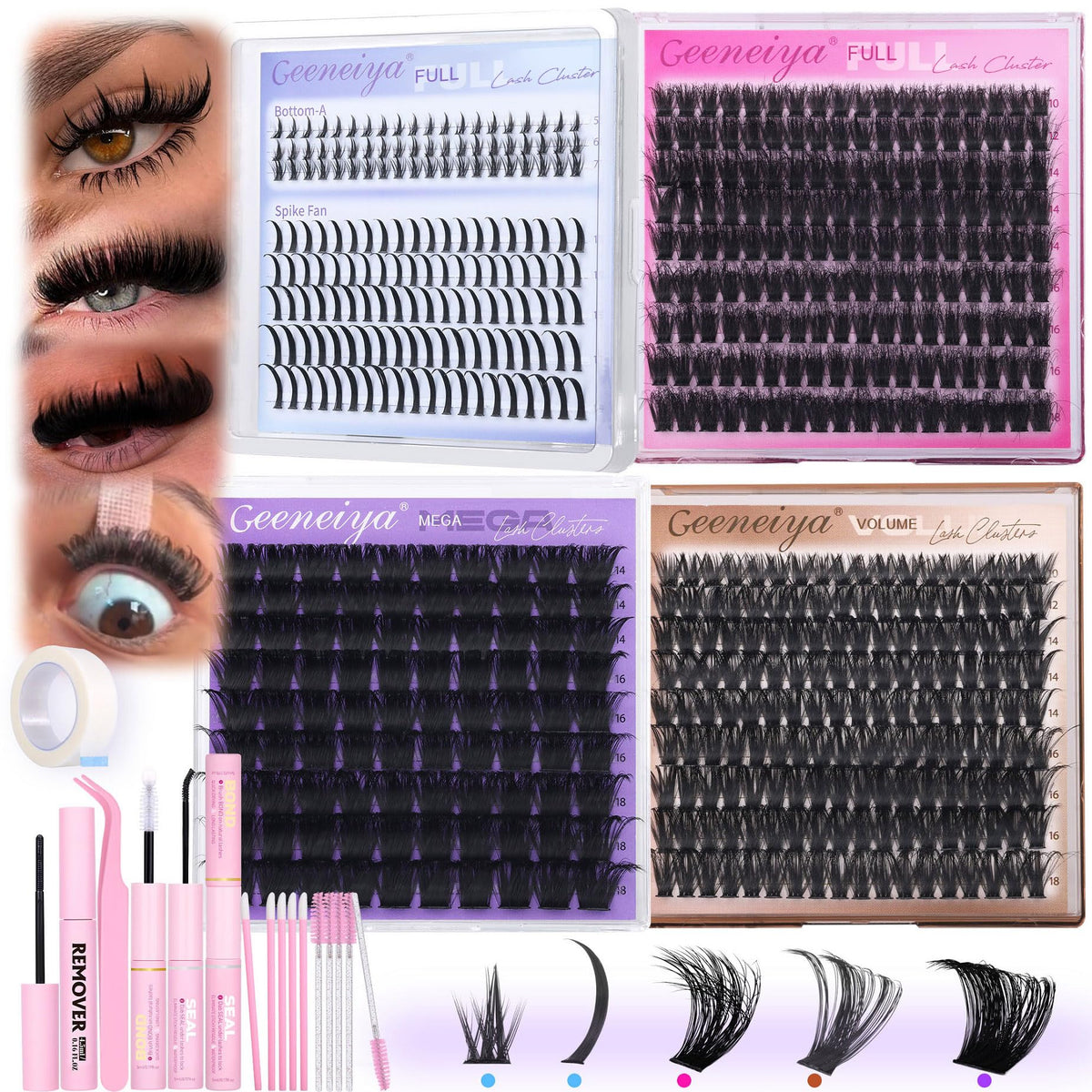 Geeneiya Mega Lashes clusters for instant dramatic volume at home.