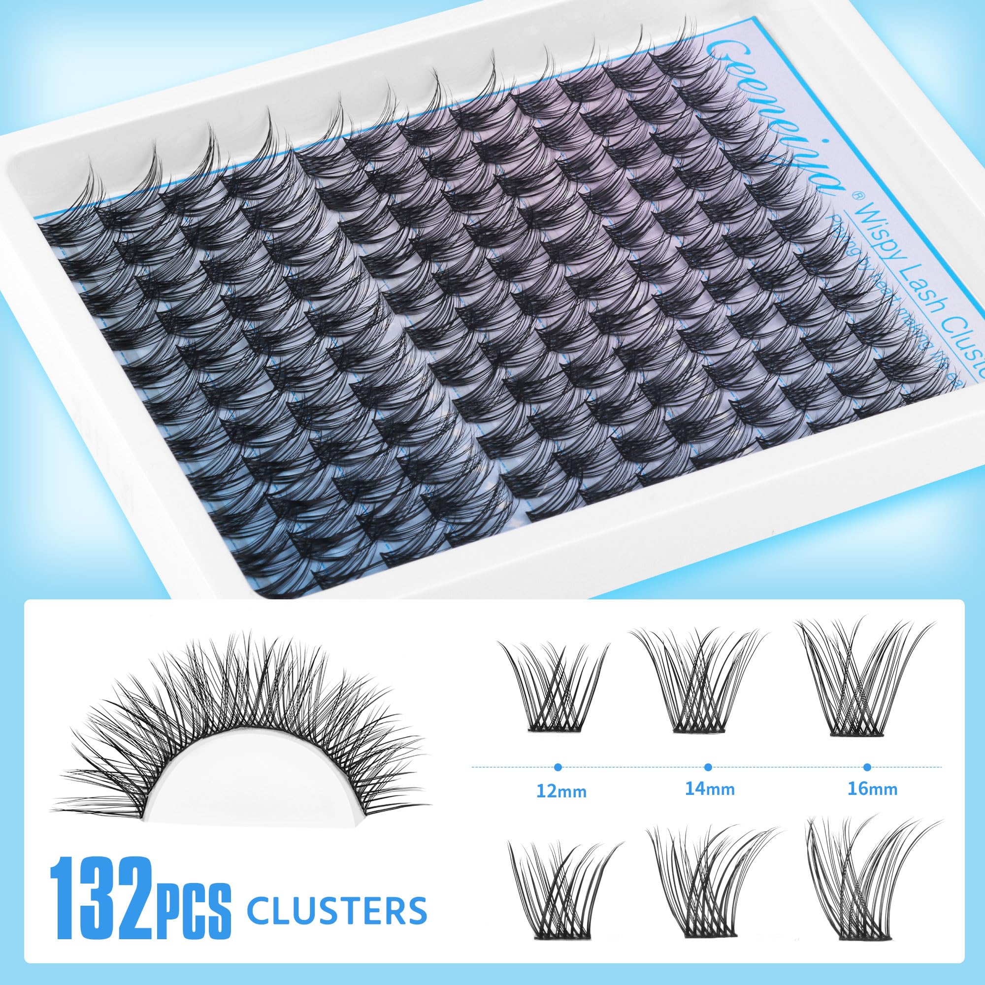 Geeneiya lash clusters image highlighting waterproof, durable fibers for daily wear.