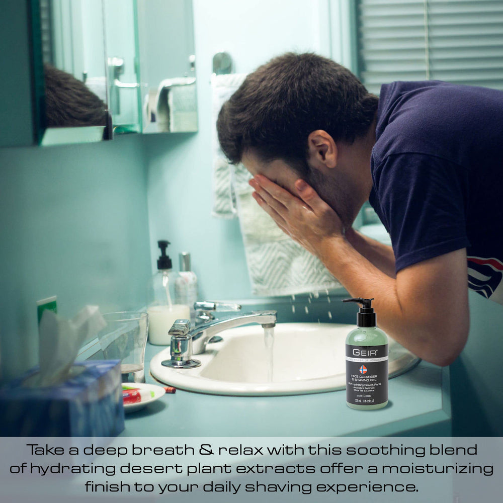 Minimalist bottle design on a bathroom shelf for daily mens skincare routine