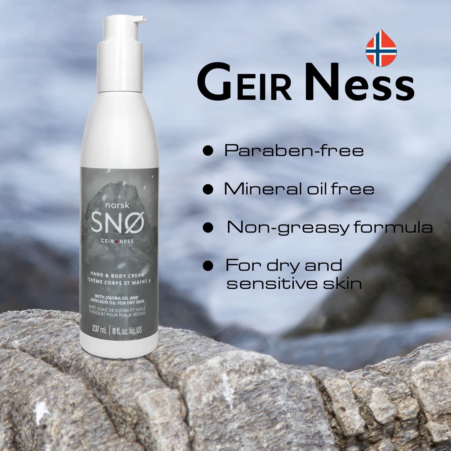 Geir Ness Norsk Sno packaging back detailing ingredients and size.