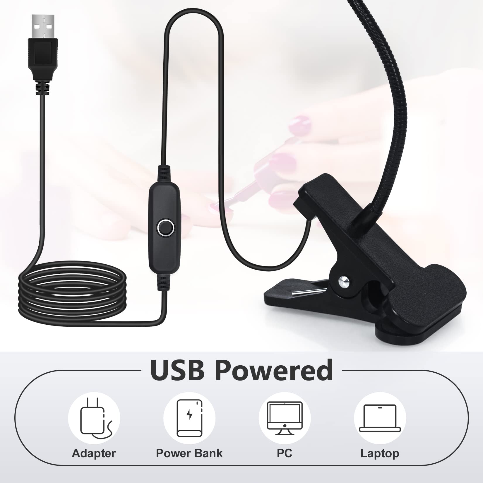 Geisofu USB-powered nail lamp, compatible with laptops and chargers.
