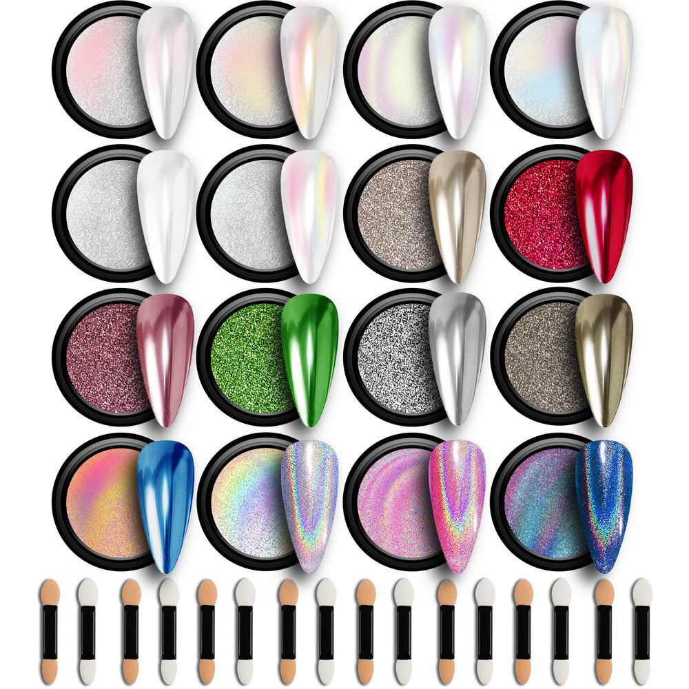 GEL PARTY 16-color chrome powder palette for striking mirror nails.