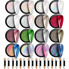 GEL PARTY 16-color chrome powder palette for striking mirror nails.