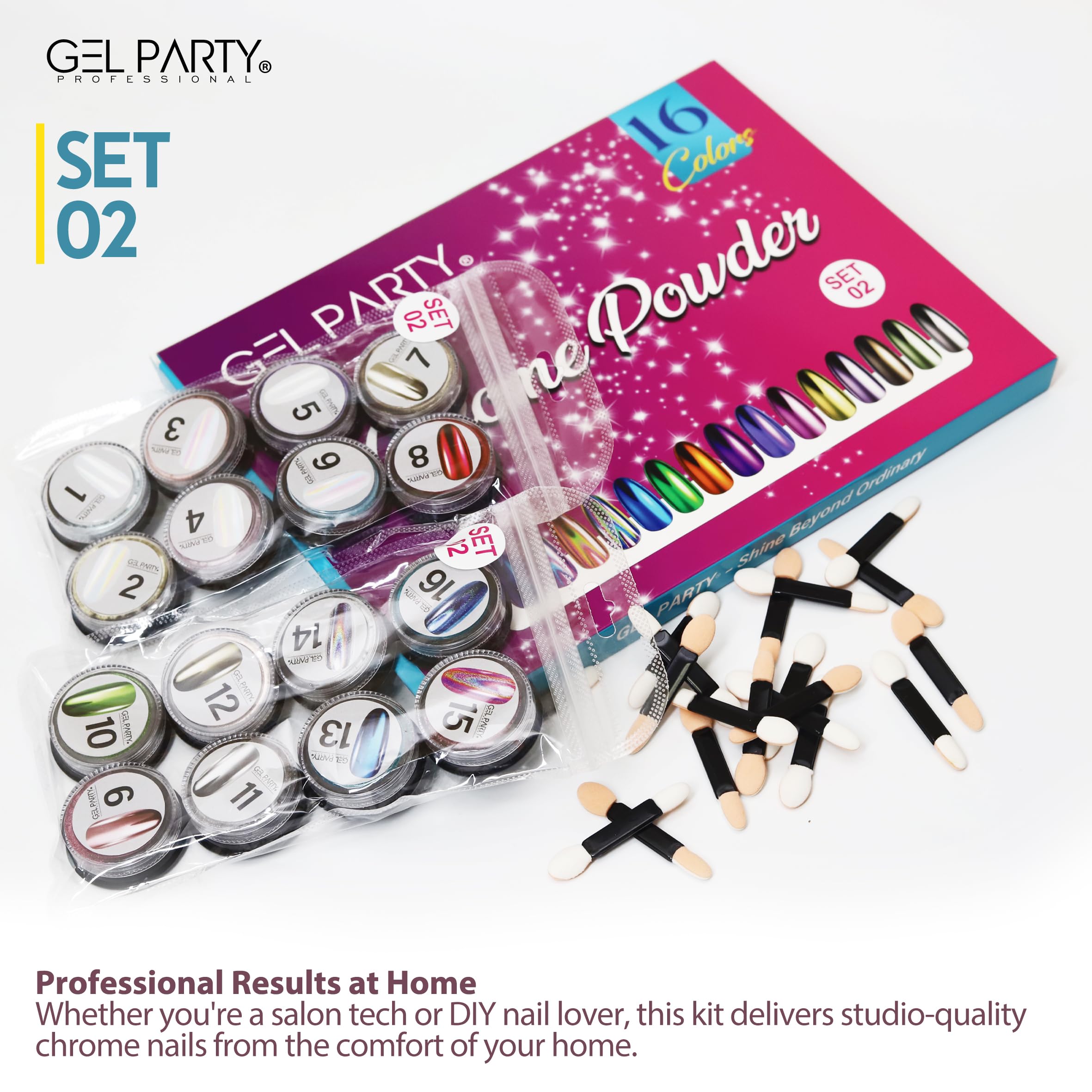 GEL PARTY chrome and holographic pigments for high-gloss nail art at home.