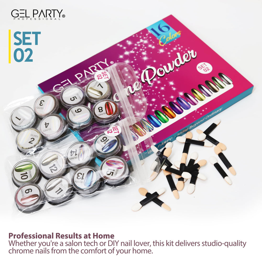 GEL PARTY chrome and holographic pigments for high-gloss nail art at home.