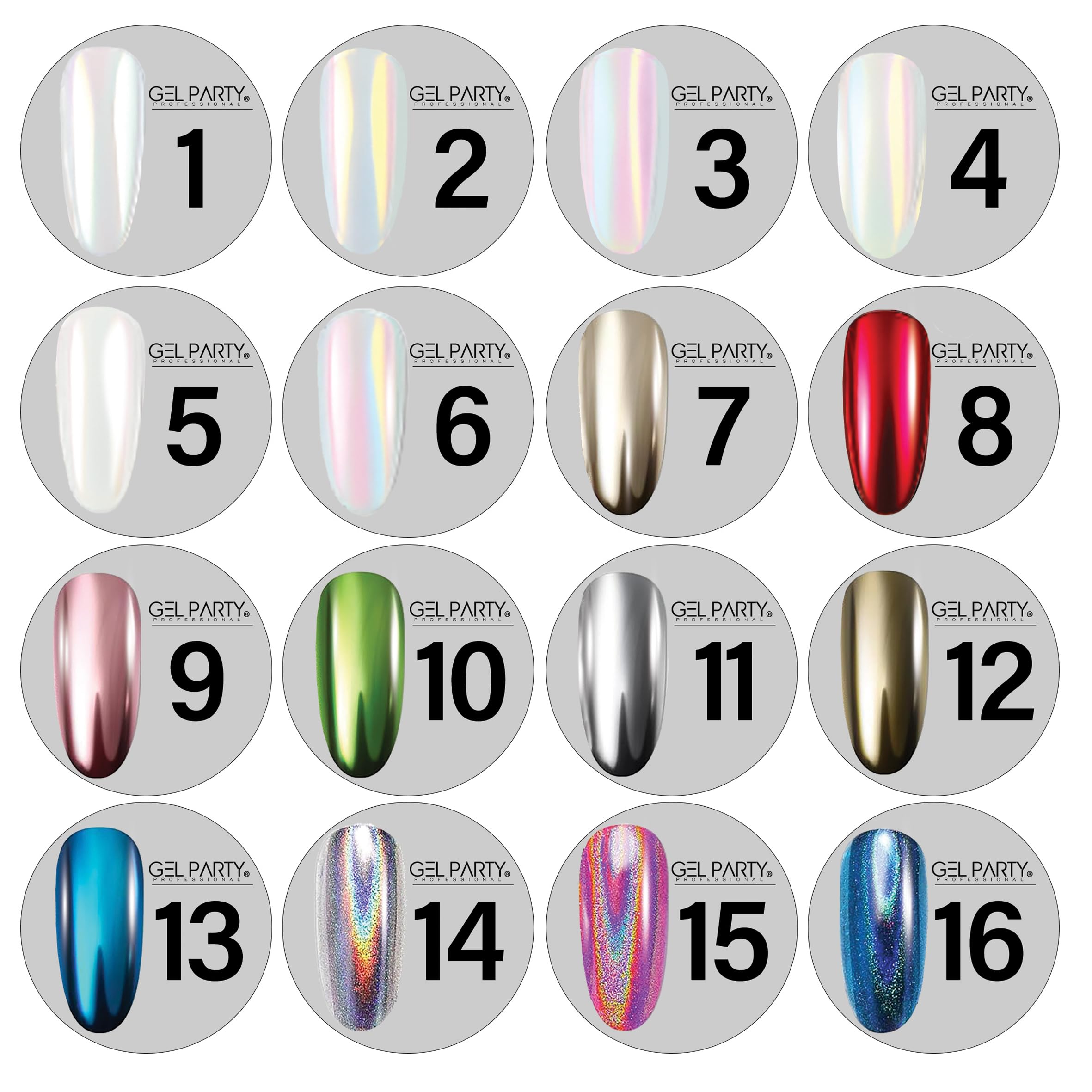 GEL PARTY vibrant color range from silver to red and green.