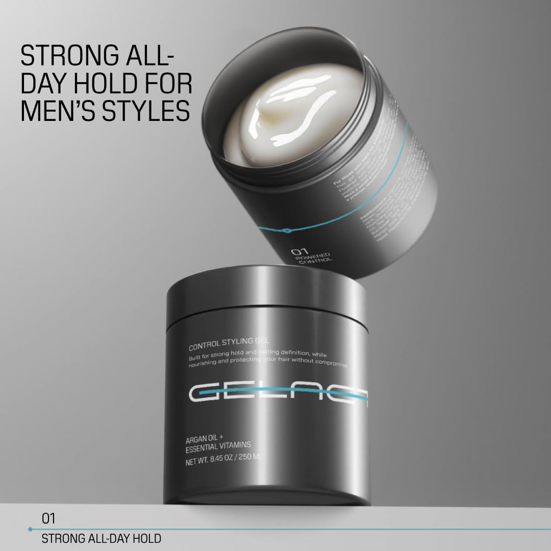 Gelactica Max Control hair slick-back look with defined shine.