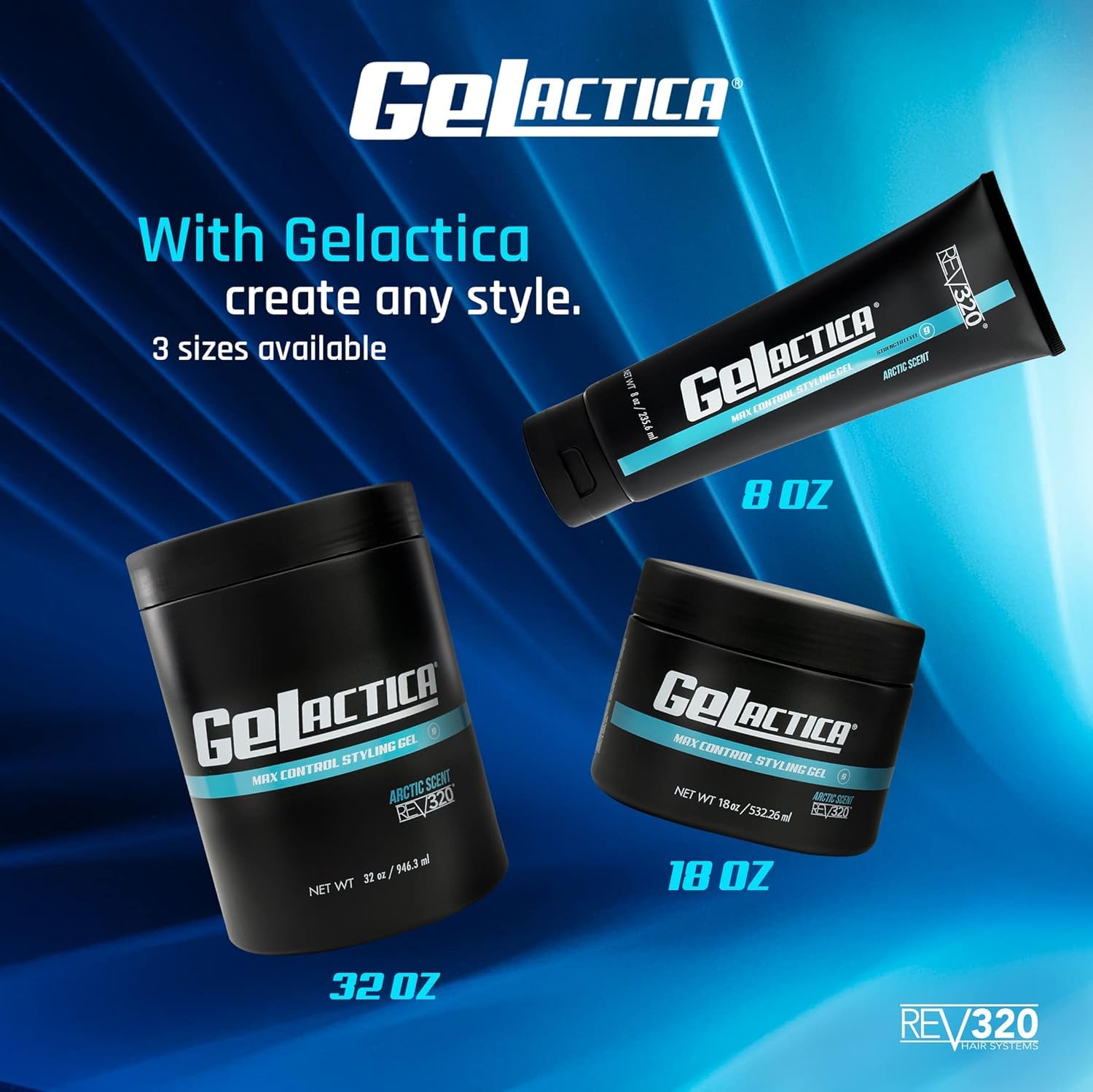 Gelactica Rev320 alcohol-free formula for clean styling.
