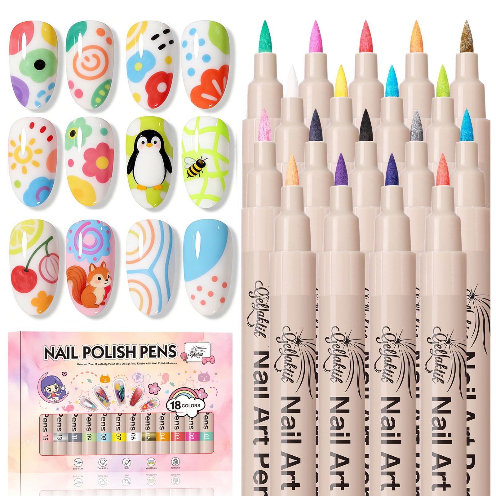 GELLAKTIK 18-color nail art pens set shown with vibrant palette for DIY nails