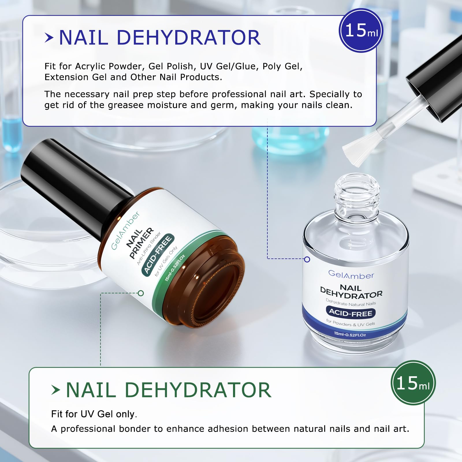GELAMBER nail prep two-bottle set shown for professional manicure prep