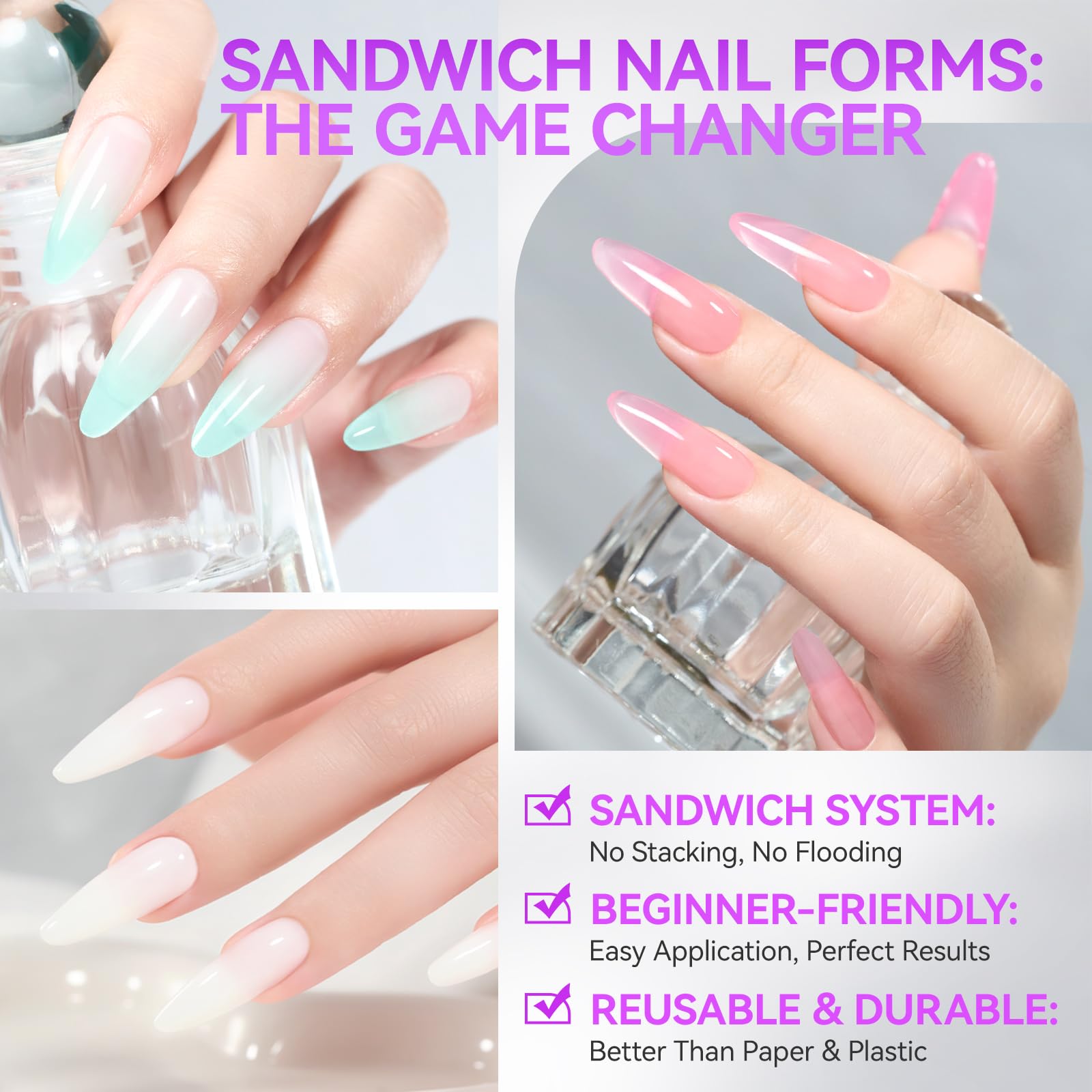 Gelike EC almond-round nail forms enabling multiple shape options.