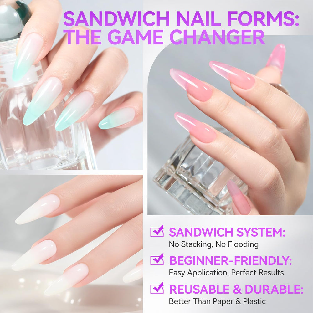 Gelike EC almond-round nail forms enabling multiple shape options.