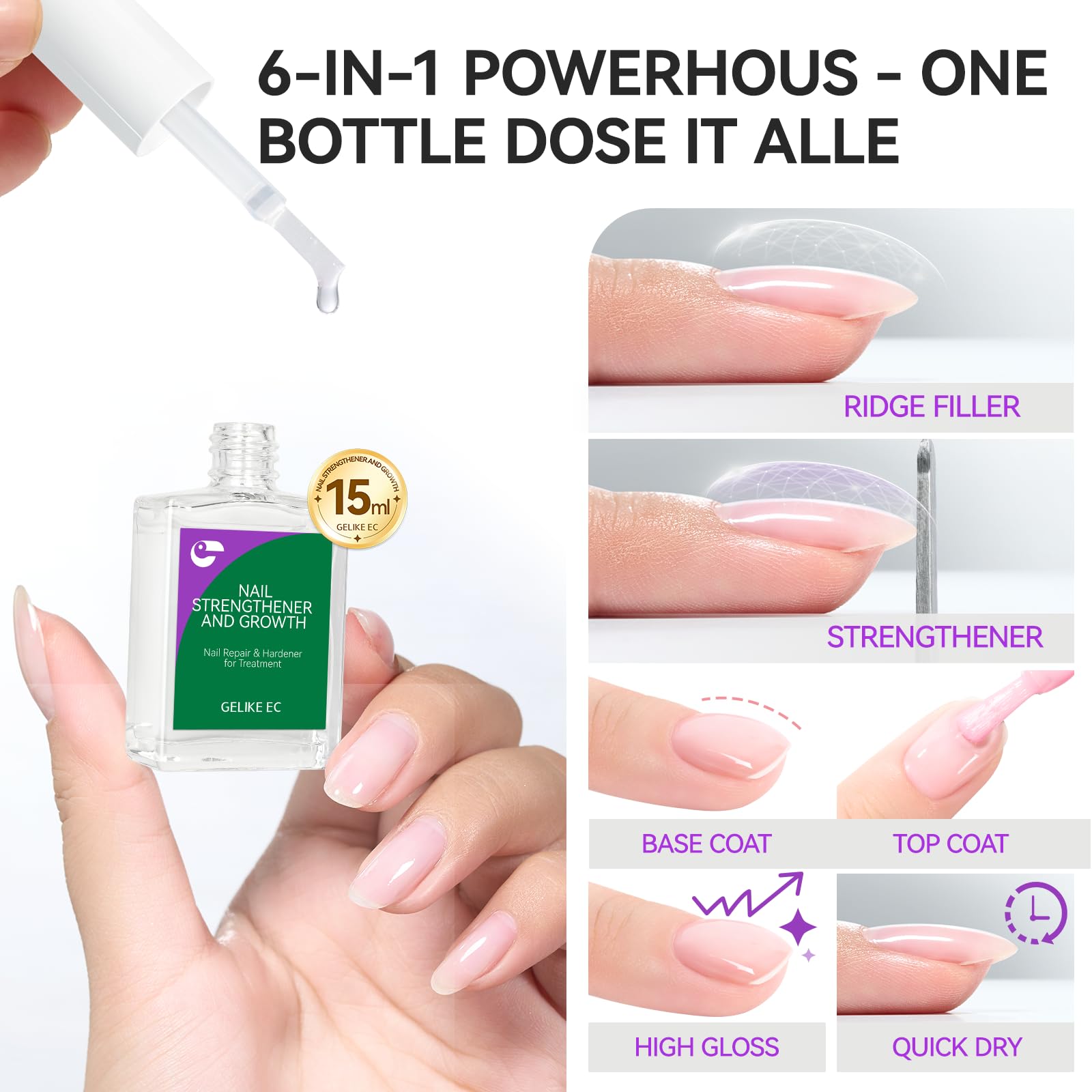 Gelike EC growth treatment brush applies evenly to promote nail growth.