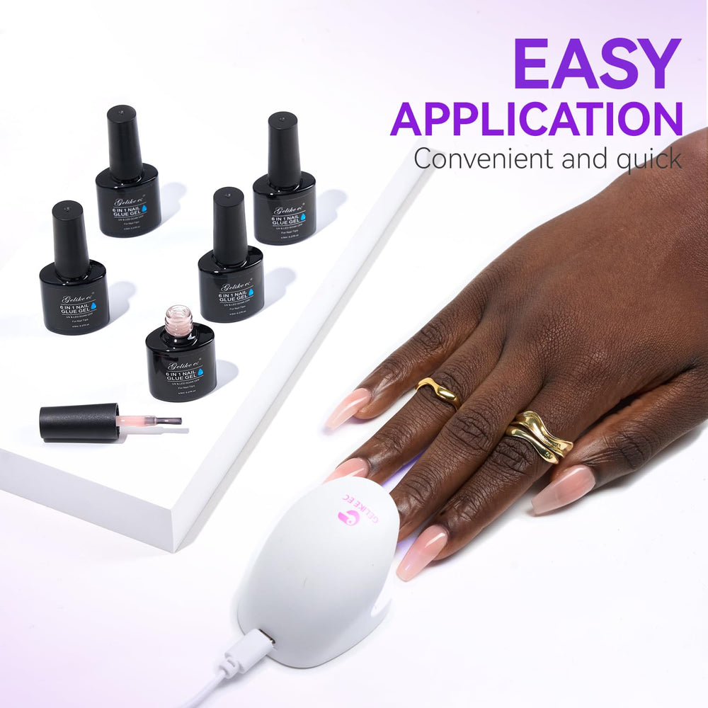 Gelike EC finishing glue secures nail art for lasting look.
