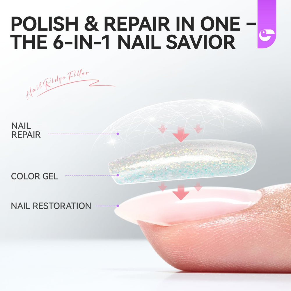 Ridge filler swatch shows even nail surface with protein-enriched care.