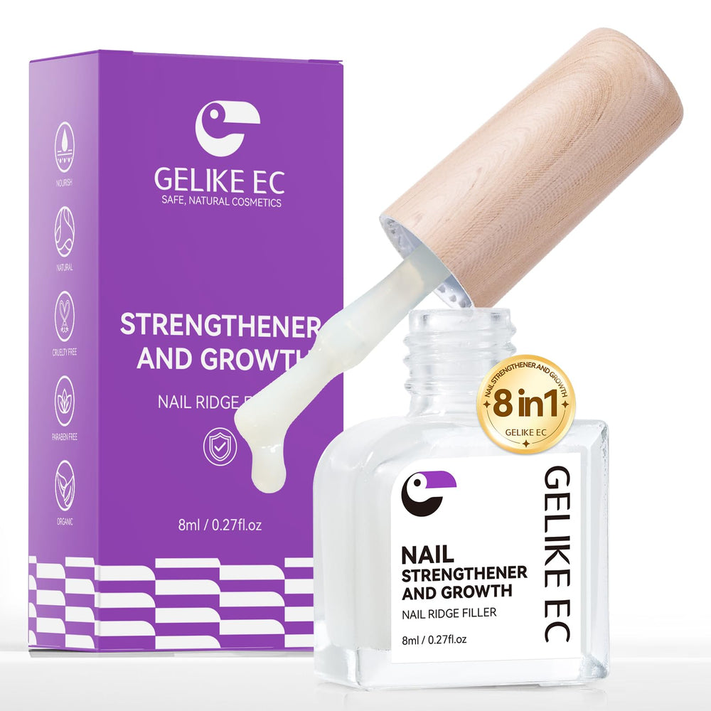 Gelike ec nail strengthener bottle closeup showing 8-in-1 care for stronger nails
